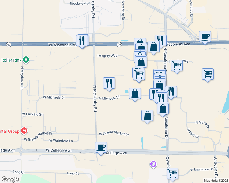 map of restaurants, bars, coffee shops, grocery stores, and more near 5120 West Michaels Drive in Appleton