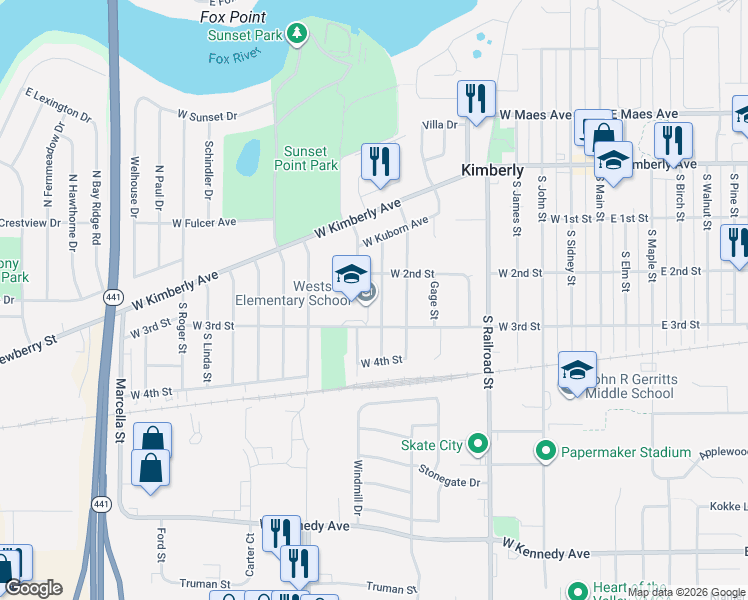 map of restaurants, bars, coffee shops, grocery stores, and more near 334 South Matthew Street in Kimberly