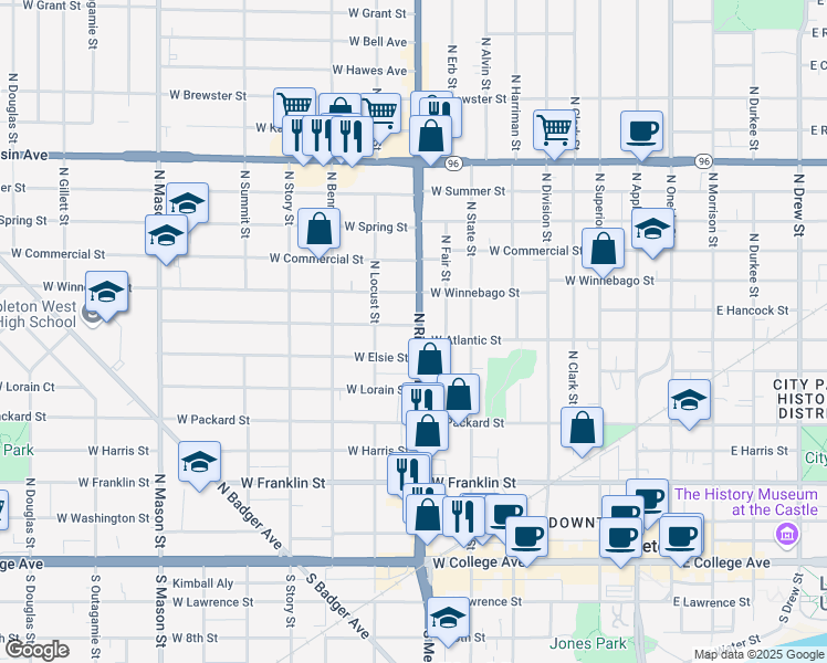 map of restaurants, bars, coffee shops, grocery stores, and more near 705 North Richmond Street in Appleton