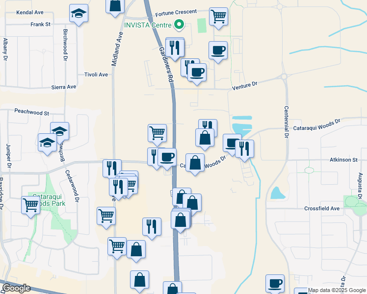 map of restaurants, bars, coffee shops, grocery stores, and more near 640 Cataraqui Woods Drive in Kingston