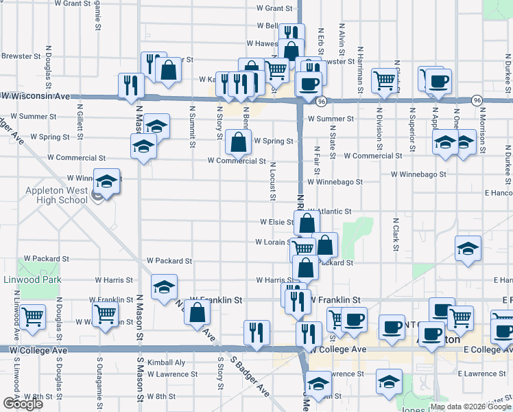 map of restaurants, bars, coffee shops, grocery stores, and more near 625 North Bennett Street in Appleton
