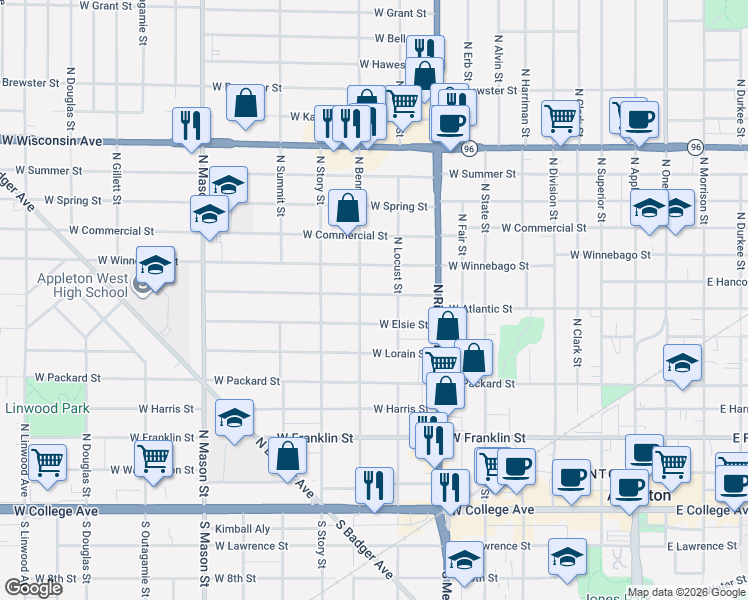 map of restaurants, bars, coffee shops, grocery stores, and more near 823 West Oklahoma Street in Appleton