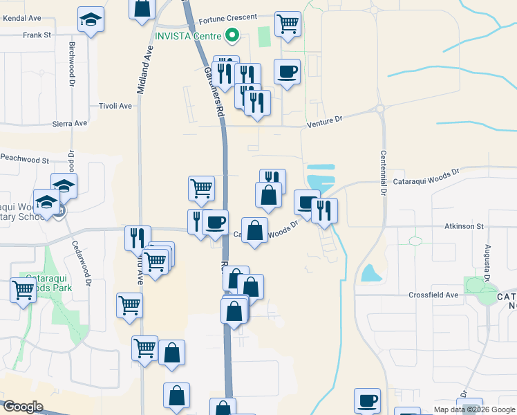 map of restaurants, bars, coffee shops, grocery stores, and more near 626 Cataraqui Woods Drive in Kingston