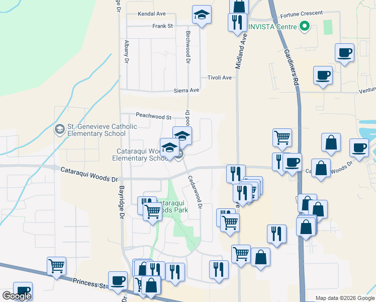 map of restaurants, bars, coffee shops, grocery stores, and more near 1229 Brackenwood Crescent in Kingston