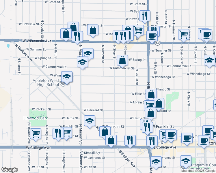 map of restaurants, bars, coffee shops, grocery stores, and more near 1026 West Elsie Street in Appleton