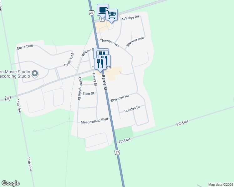 map of restaurants, bars, coffee shops, grocery stores, and more near 2 Brykman Road in Thornton