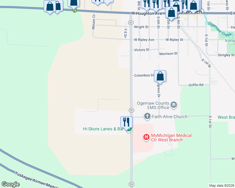 map of restaurants, bars, coffee shops, grocery stores, and more near Michigan 30 in West Branch