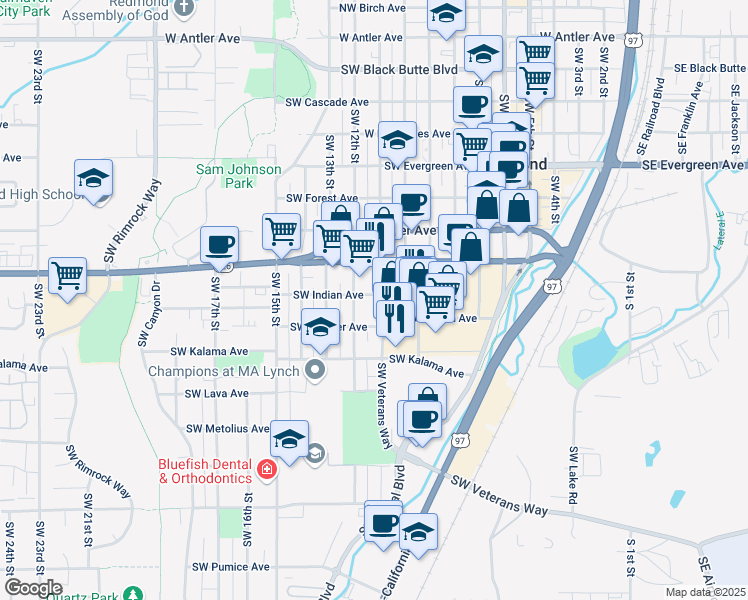 map of restaurants, bars, coffee shops, grocery stores, and more near 938 Southwest 12th Street in Redmond