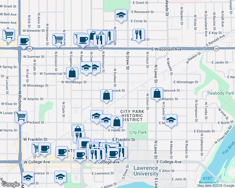 map of restaurants, bars, coffee shops, grocery stores, and more near 702 North Durkee Street in Appleton