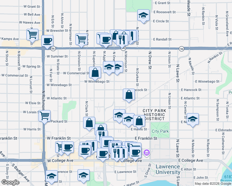map of restaurants, bars, coffee shops, grocery stores, and more near 109 East Atlantic Street in Appleton