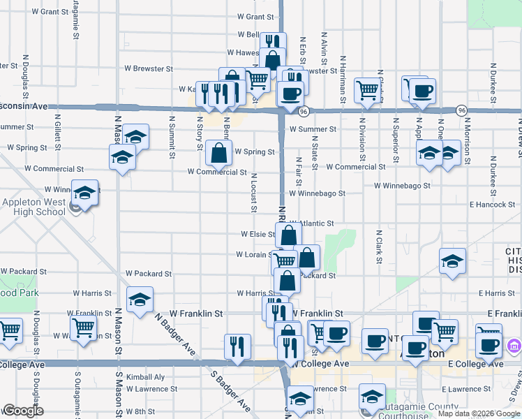 map of restaurants, bars, coffee shops, grocery stores, and more near 803 West Oklahoma Street in Appleton