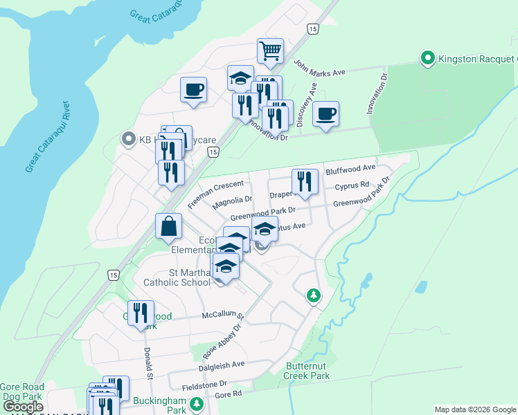 map of restaurants, bars, coffee shops, grocery stores, and more near 604 Freeman Crescent in Kingston