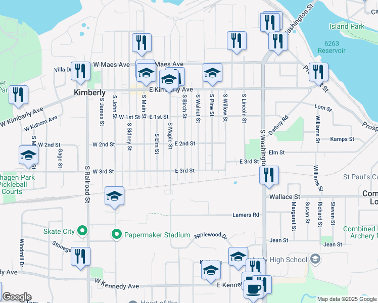 map of restaurants, bars, coffee shops, grocery stores, and more near 333 South Birch Street in Kimberly