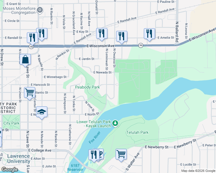 map of restaurants, bars, coffee shops, grocery stores, and more near 701 North Owaissa Street in Appleton