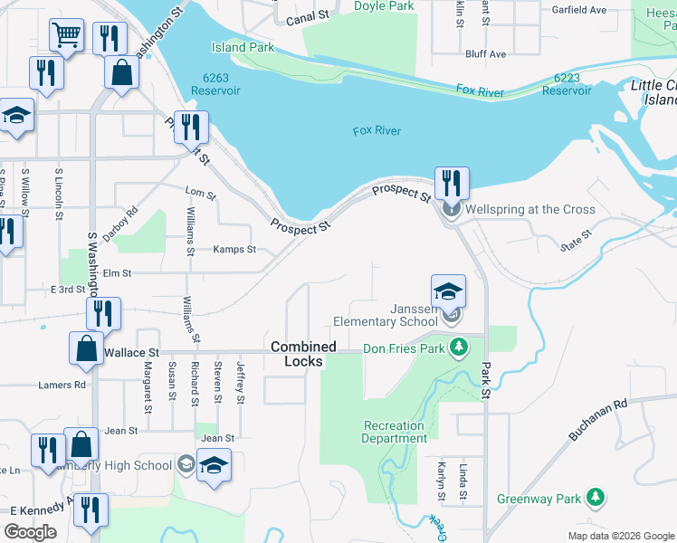 map of restaurants, bars, coffee shops, grocery stores, and more near 345 Prospect Street in Combined Locks