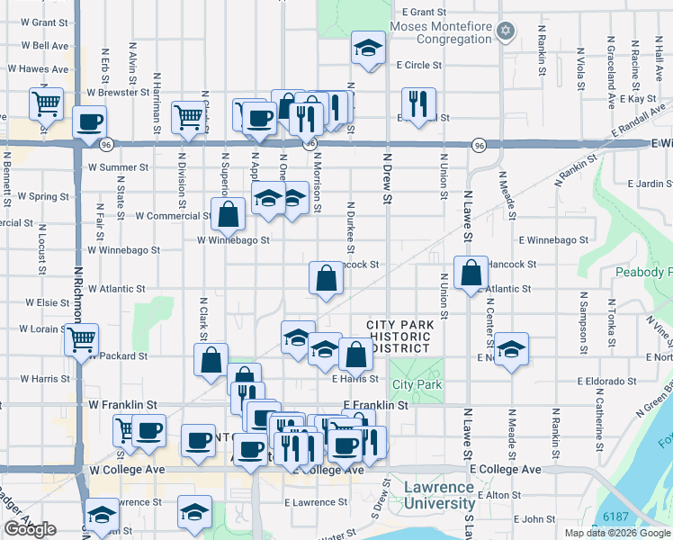 map of restaurants, bars, coffee shops, grocery stores, and more near 702 North Morrison Street in Appleton