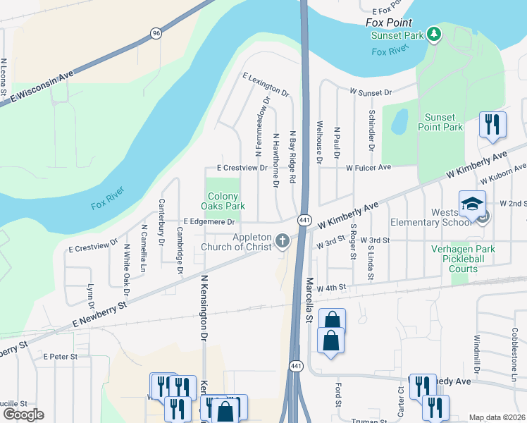 map of restaurants, bars, coffee shops, grocery stores, and more near 3511 East Edgemere Drive in Appleton