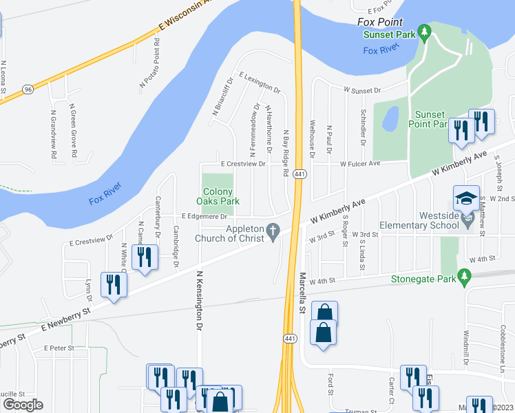 map of restaurants, bars, coffee shops, grocery stores, and more near 708 North Fernmeadow Drive in Appleton