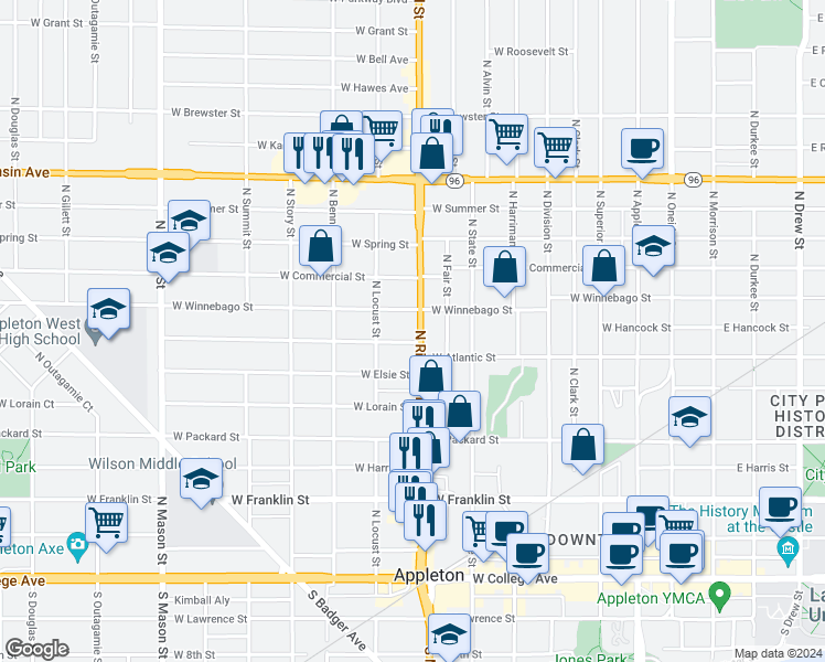 map of restaurants, bars, coffee shops, grocery stores, and more near 723 North Richmond Street in Appleton
