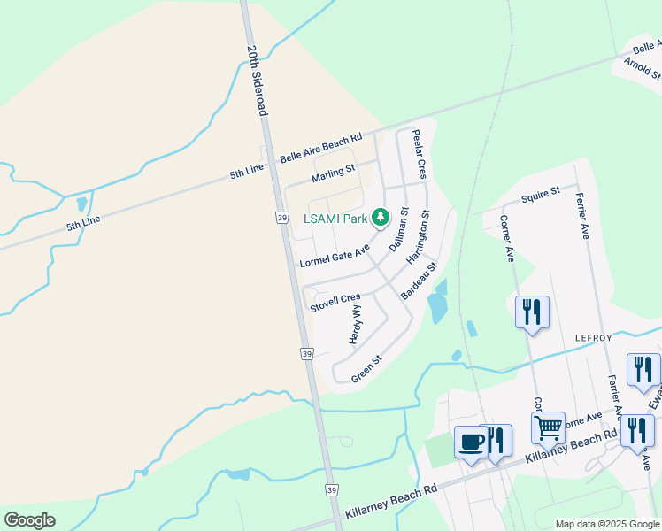 map of restaurants, bars, coffee shops, grocery stores, and more near 1104 Wharram Way in Innisfil