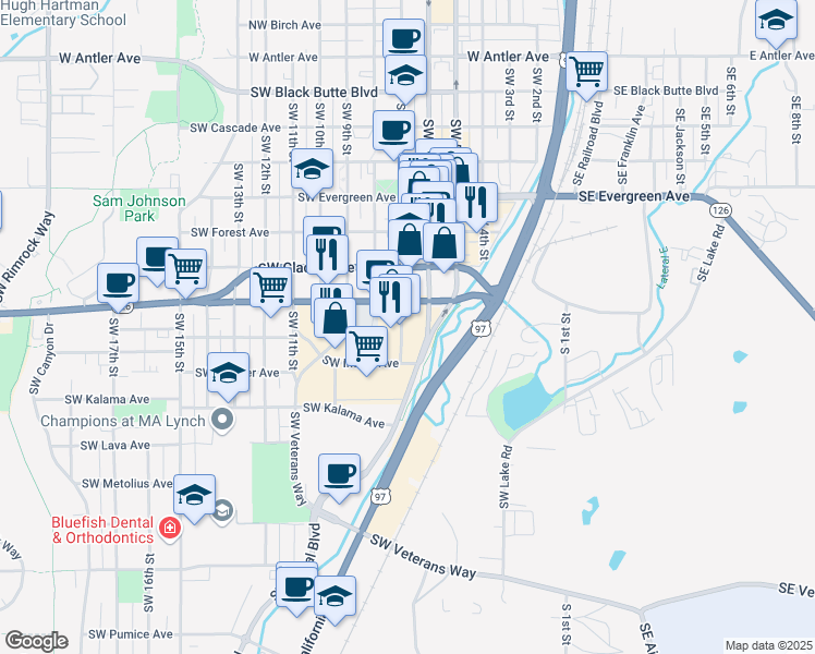 map of restaurants, bars, coffee shops, grocery stores, and more near 600-672 Southwest Highland Avenue in Redmond