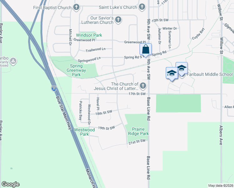 map of restaurants, bars, coffee shops, grocery stores, and more near 1324 Prairie Avenue in Faribault
