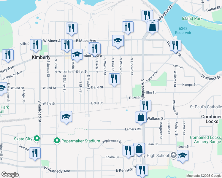map of restaurants, bars, coffee shops, grocery stores, and more near 244 South Pine Street in Kimberly