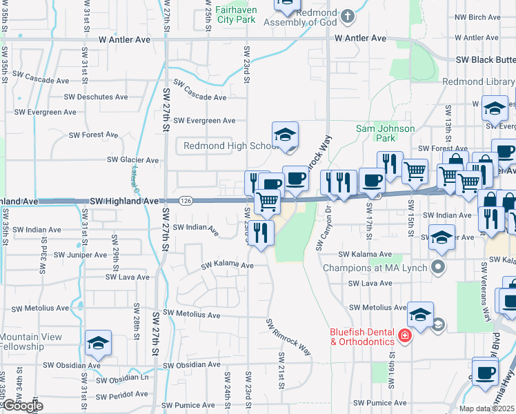 map of restaurants, bars, coffee shops, grocery stores, and more near 895 Southwest Rimrock Way in Redmond