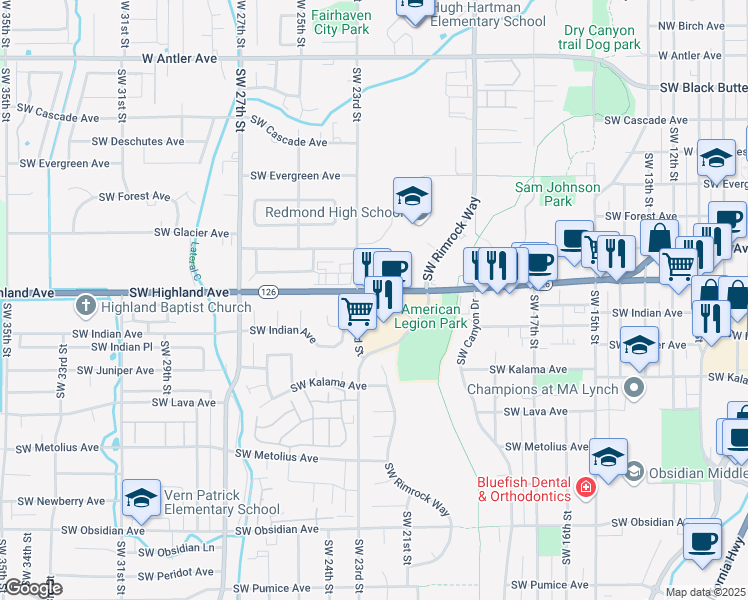 map of restaurants, bars, coffee shops, grocery stores, and more near 895 Southwest Rimrock Way in Redmond