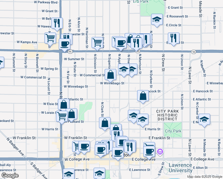 map of restaurants, bars, coffee shops, grocery stores, and more near 818 North Superior Street in Appleton