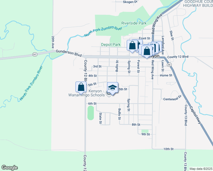 map of restaurants, bars, coffee shops, grocery stores, and more near in Kenyon