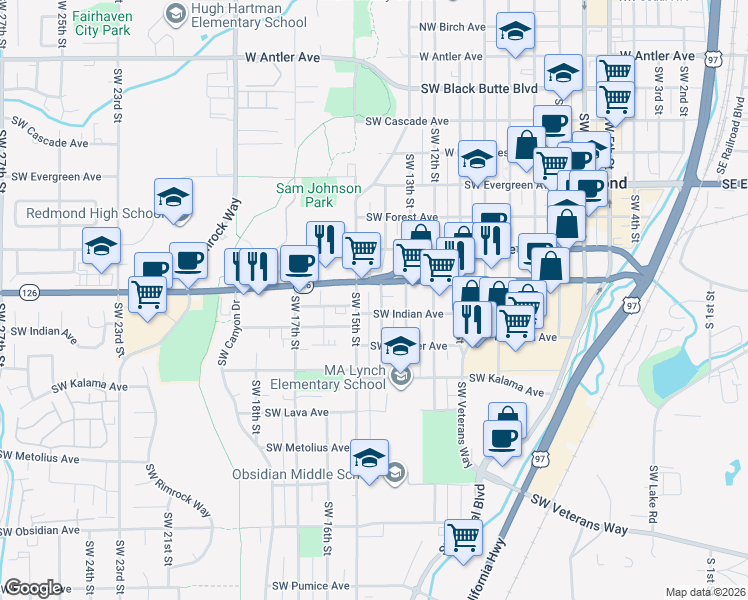 map of restaurants, bars, coffee shops, grocery stores, and more near 807 Southwest 14th Street in Redmond