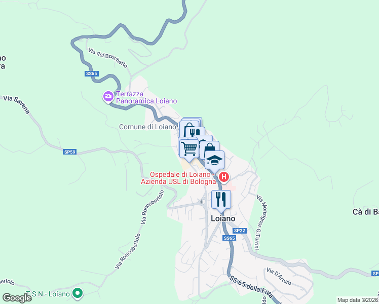 map of restaurants, bars, coffee shops, grocery stores, and more near 43 Via Roma in Loiano