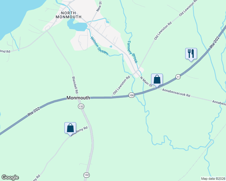 map of restaurants, bars, coffee shops, grocery stores, and more near 17 Old Lewiston Road in Monmouth