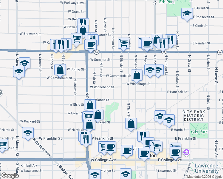 map of restaurants, bars, coffee shops, grocery stores, and more near 414 West Winnebago Street in Appleton