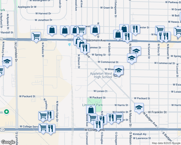 map of restaurants, bars, coffee shops, grocery stores, and more near 1702 West Winnebago Street in Appleton