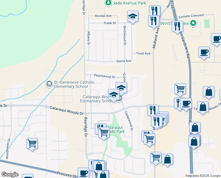 map of restaurants, bars, coffee shops, grocery stores, and more near 1405 Thornwood Crescent in Kingston