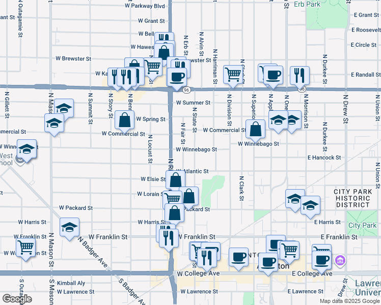 map of restaurants, bars, coffee shops, grocery stores, and more near 805 North State Street in Appleton