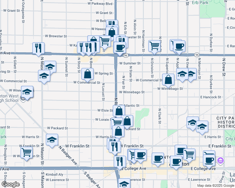 map of restaurants, bars, coffee shops, grocery stores, and more near 815 North Richmond Street in Appleton