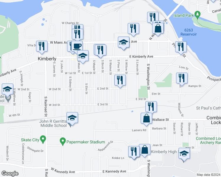 map of restaurants, bars, coffee shops, grocery stores, and more near 298 South Walnut Street in Kimberly