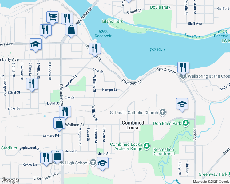 map of restaurants, bars, coffee shops, grocery stores, and more near 231 Kamps Street in Combined Locks