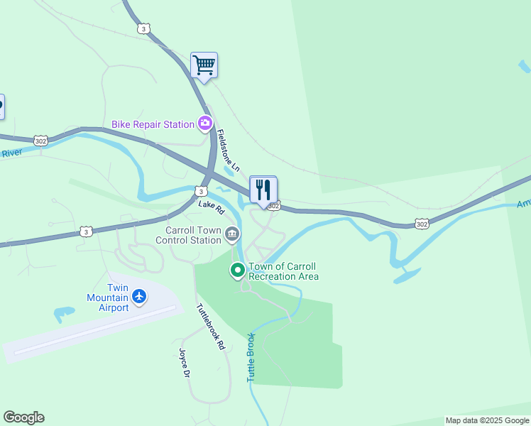 map of restaurants, bars, coffee shops, grocery stores, and more near 100 U.S. 302 in Carroll