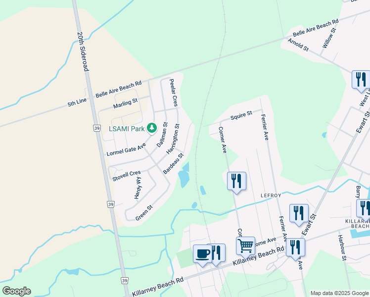map of restaurants, bars, coffee shops, grocery stores, and more near Bardeau Street in Innisfil