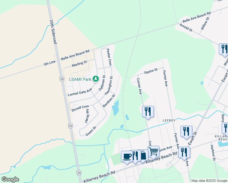 map of restaurants, bars, coffee shops, grocery stores, and more near 1304 Bardeau Street in Innisfil