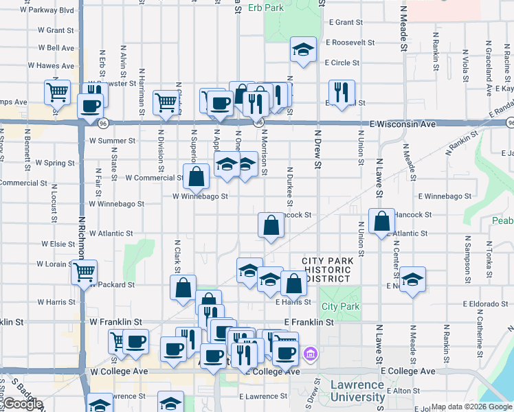map of restaurants, bars, coffee shops, grocery stores, and more near 115 East Winnebago Street in Appleton
