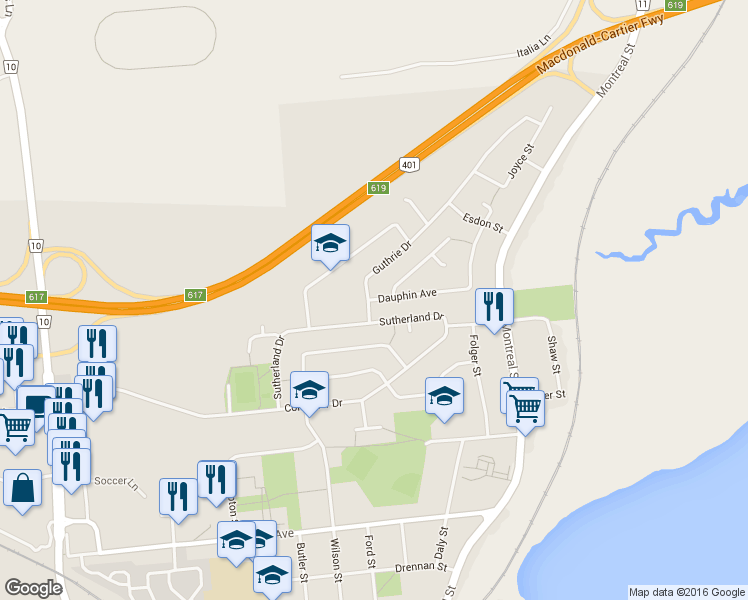 map of restaurants, bars, coffee shops, grocery stores, and more near 150 Dauphin Avenue in Kingston