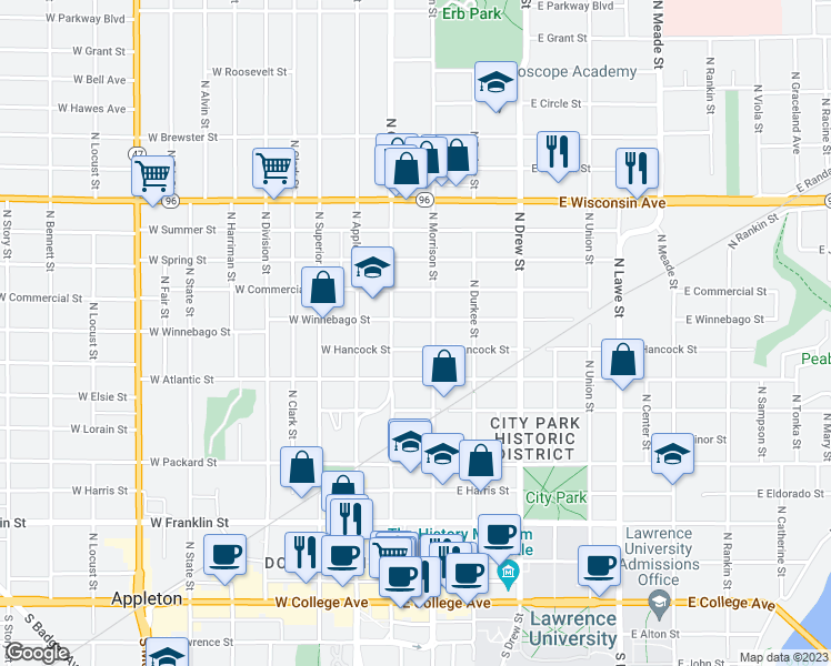 map of restaurants, bars, coffee shops, grocery stores, and more near 115 East Winnebago Street in Appleton