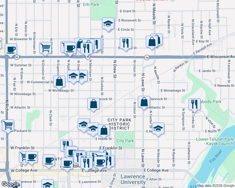 map of restaurants, bars, coffee shops, grocery stores, and more near 821 North Drew Street in Appleton
