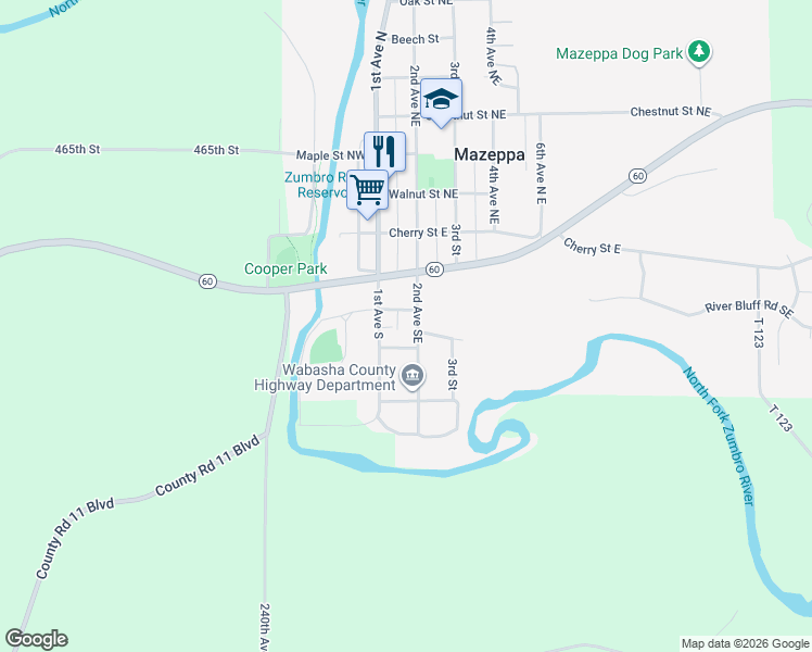 map of restaurants, bars, coffee shops, grocery stores, and more near 163 Cedar Street Southeast in Mazeppa