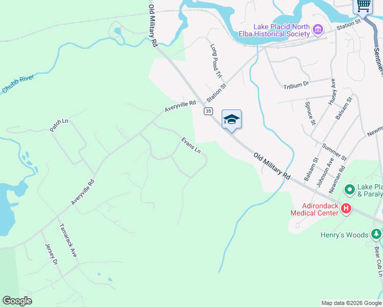 map of restaurants, bars, coffee shops, grocery stores, and more near 46 Evans Lane in Lake Placid